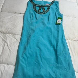 Turquoise Sleeveless Dress with Beaded Neckline